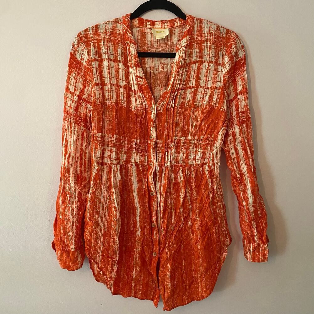 Maeve Anthropologie Orange White Boho V-neck Button Down Blouse Women's size 4